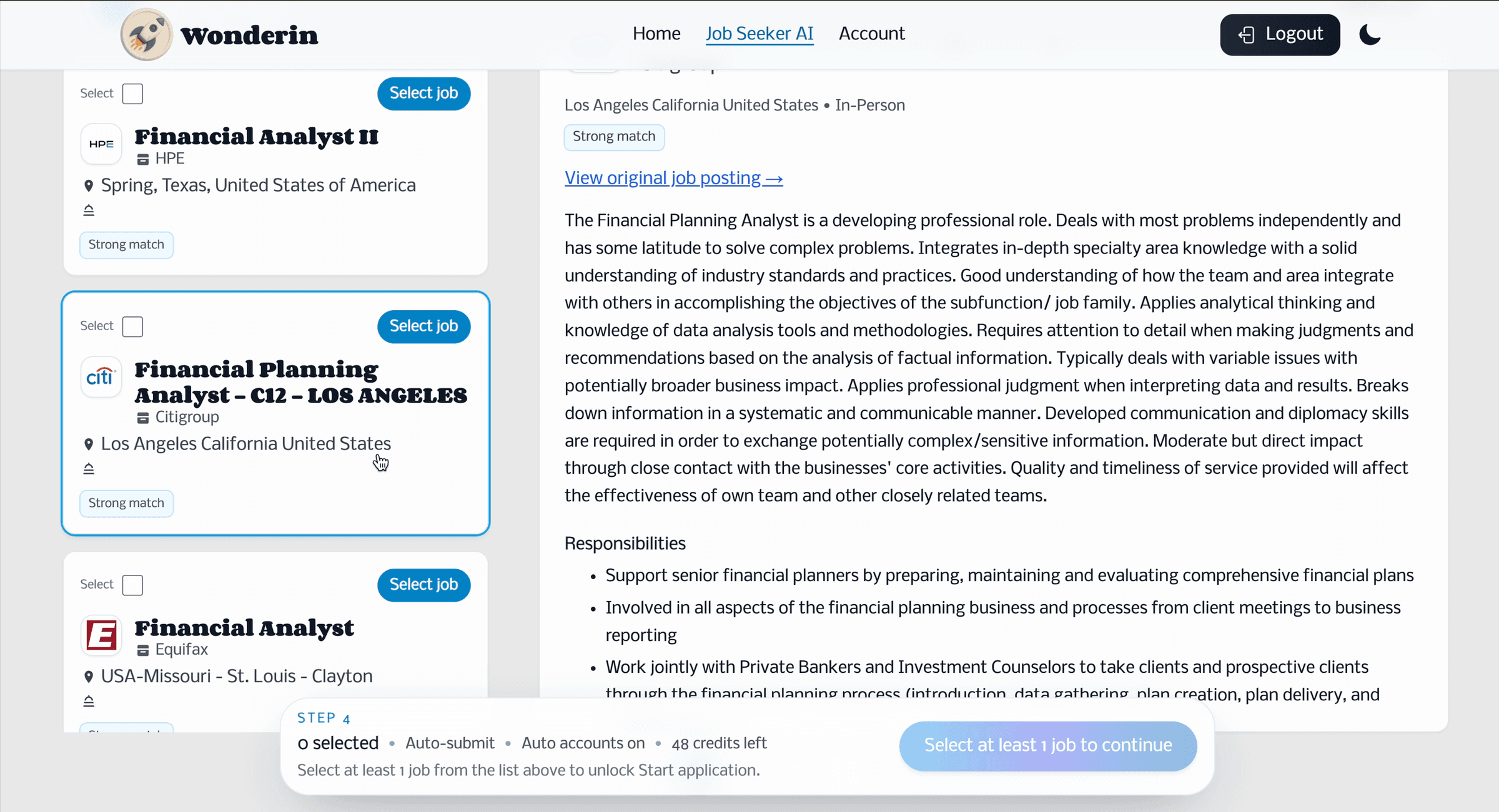 Wonderin AI Apply job selection workflow